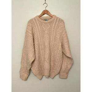 Aran Crafts Sweater Mens L Ivory Fisherman Cable Knit Pullover Crewneck FLAWS